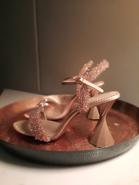 Champagne crystal sandals with twisted heel
