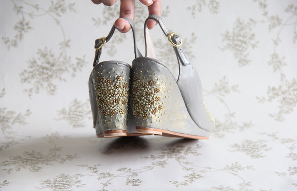 grey & gold wildflower wedge heel sandal