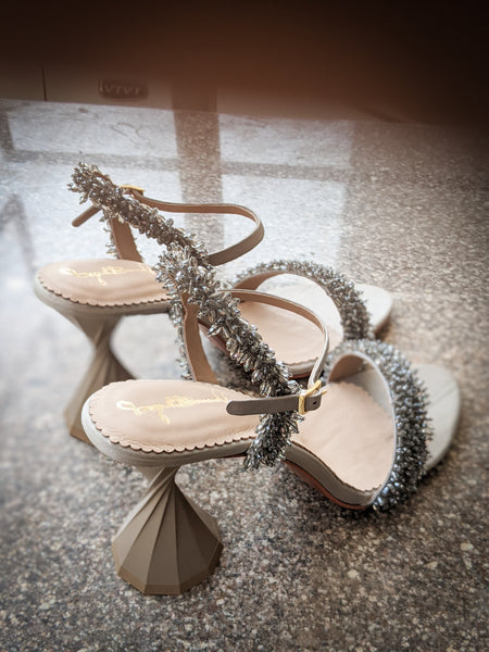 Grey crystal sandals with twisted heel